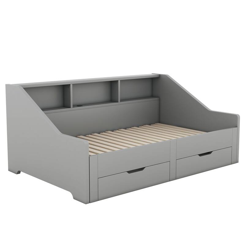 Twin to King Size Daybed Frame with Storage Bookcases and 2 Drawers