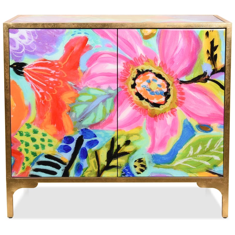 "Secret Garden Floral" Cabinet Console Table on Beveled Reverse Printed Art Glass with Iron Gold Leafed Frame - Pink