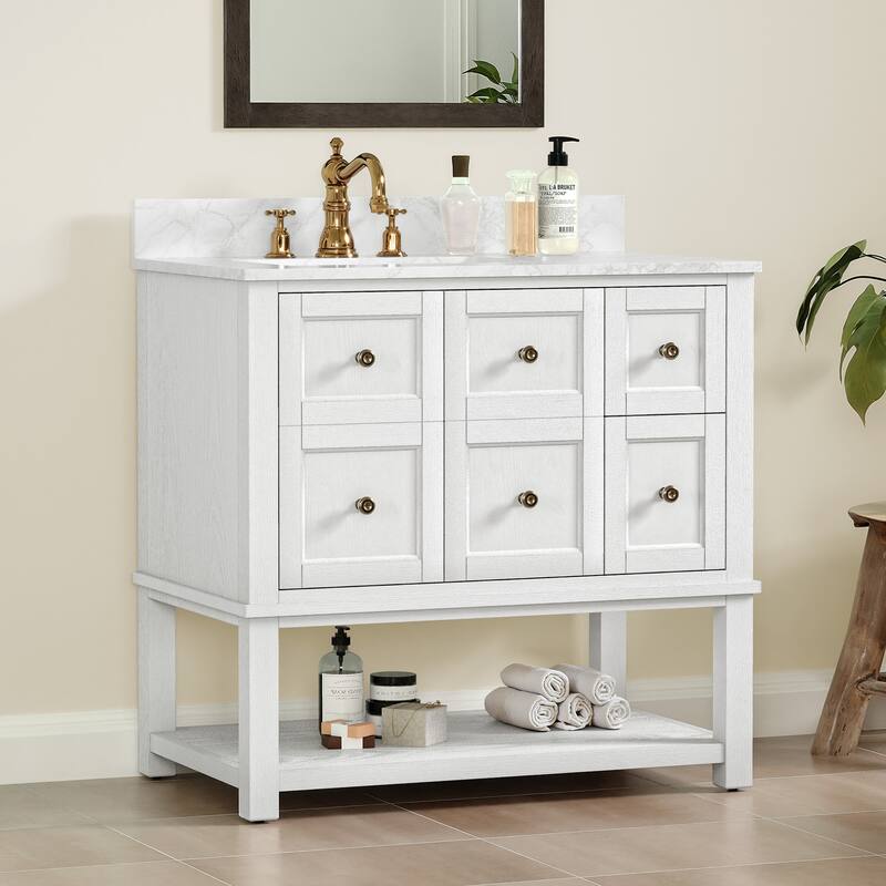 48 Inch Single Bathroom Vanity with 6 Drawers, Marble Top Bathroom Vanity with Sink in White - 36" x 22"x 35" - White