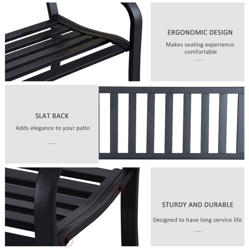 Outdoor Steel Garden Bench with Armrest and Backrest Weather Resistant Patio Seat for Yard Porch and Park