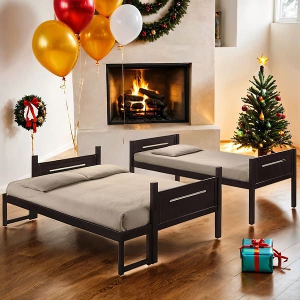 slide 2 of 8, Kid Bed Frame Wooden Versatile Twin over Full Bunk Bed with Built-in Ladder Espresso