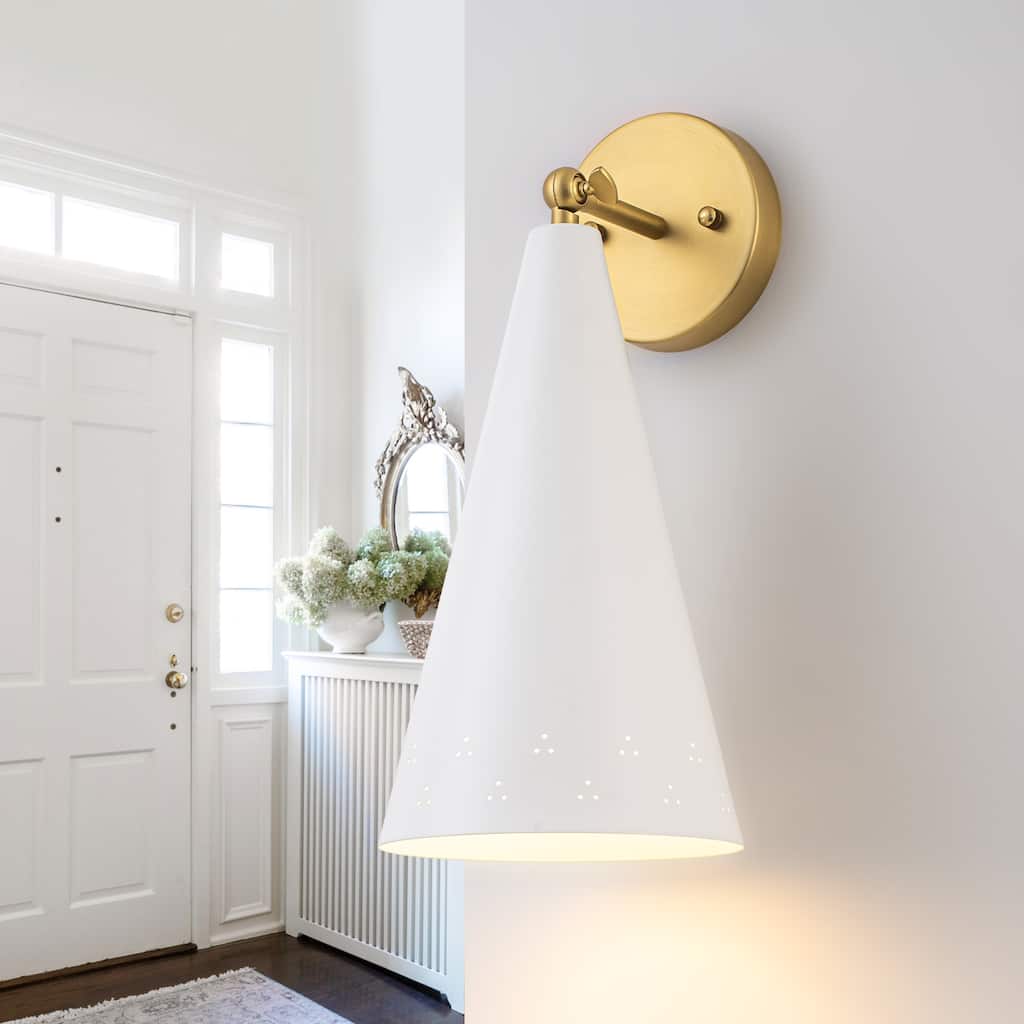 Modern Industrial Brushed Gold Wall Sconce with White Conical Shade - 1-Light