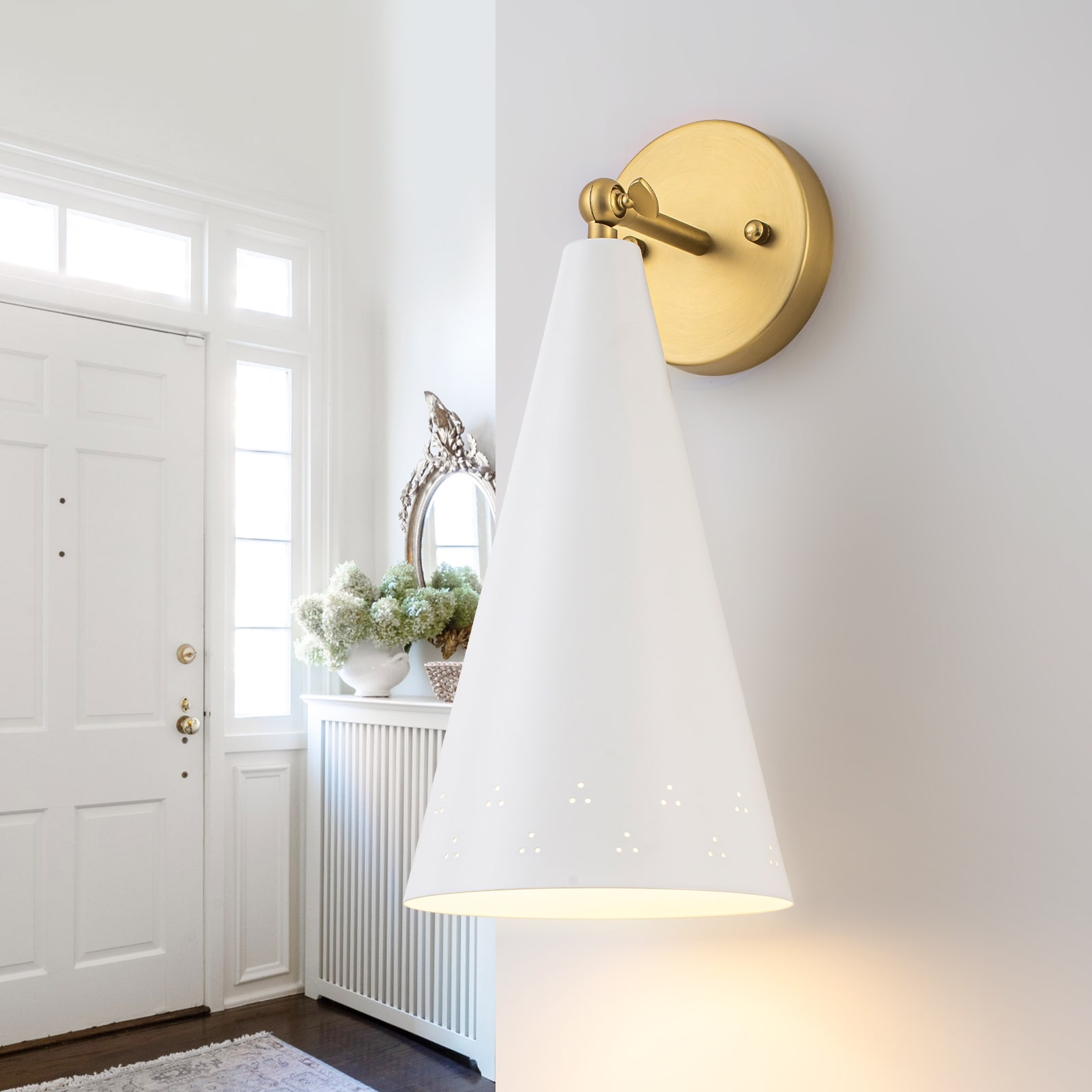 Modern Industrial Brushed Gold Wall Sconce with White Conical Shade - 7.09 Inch