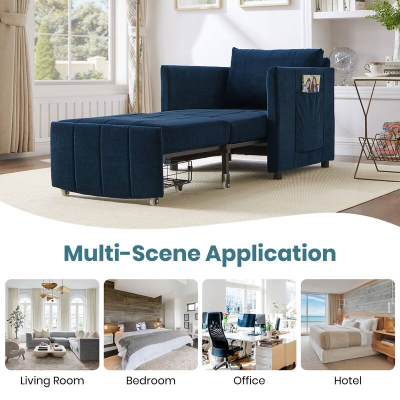 Upholstered Convertible Sleeper Sofa with 5-Position Adjustable Backrest, Side Pockets and Storage Basket, Blue