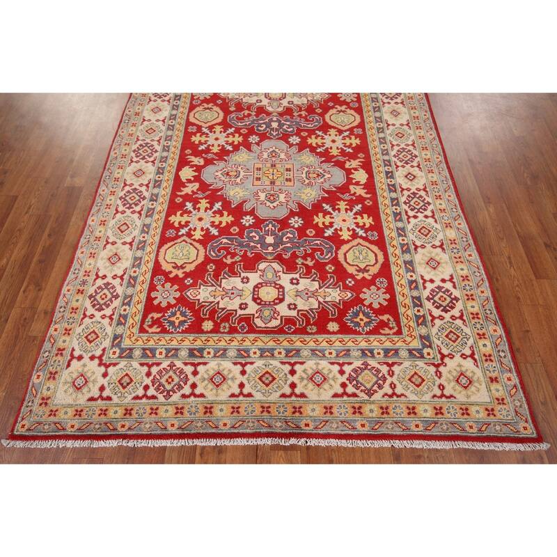 Red Geometric Kazak Area Rug Handmade Traditional Oriental Wool Carpet - 4'10" x 6'8"