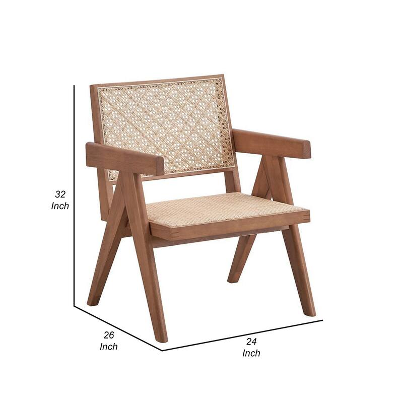 Tina 26 Inch Accent Armchair, Woven Rattan, Natural Brown Wood Finish