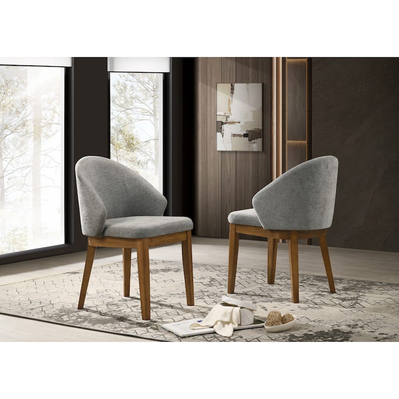 Andrew Set of 2 Barrel-Back Upholstered Dining Chairs, Light Grey Fabric & Walnut Finish Legs