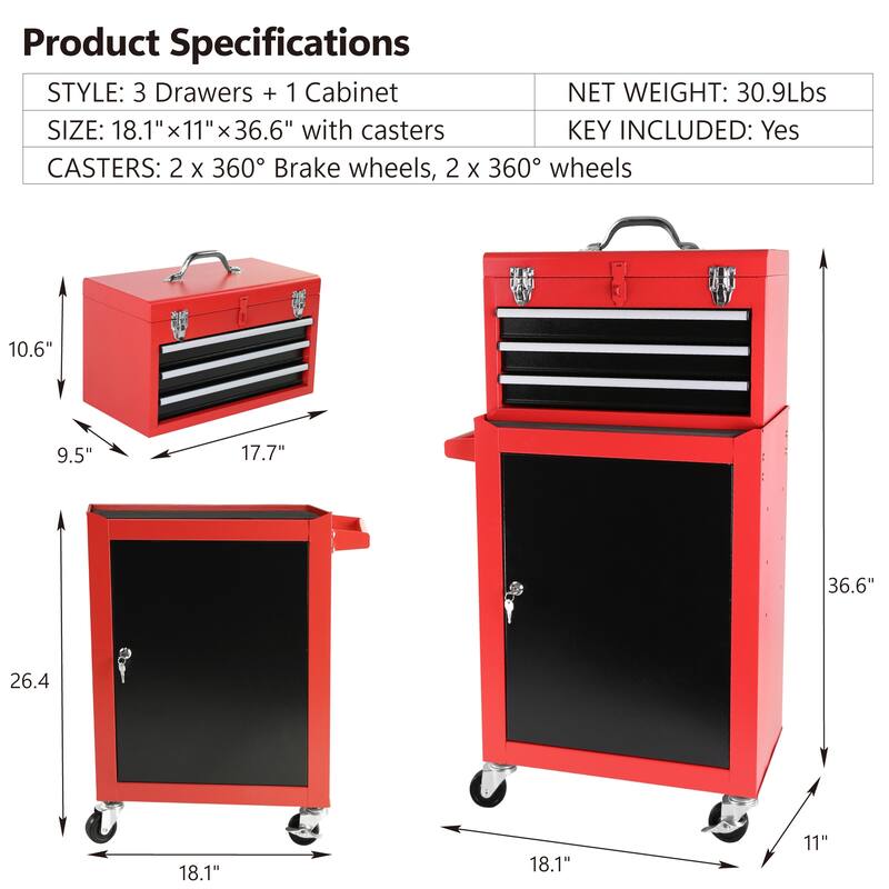 Detachable 3 Drawer Tool Chest w/Storage Cabinet and Adjustable Shelf - 3-Drawer