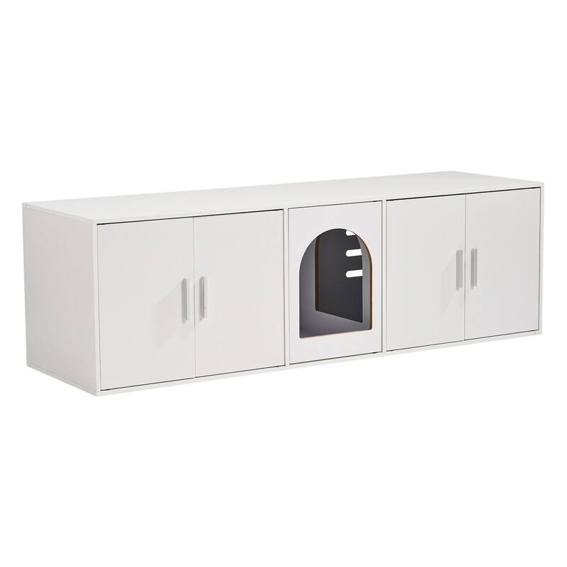 57.9" White Cat Litter Box Enclosure Furniture Hidden with 5 Doors Perfect for Placing Vases Books or any Decorations