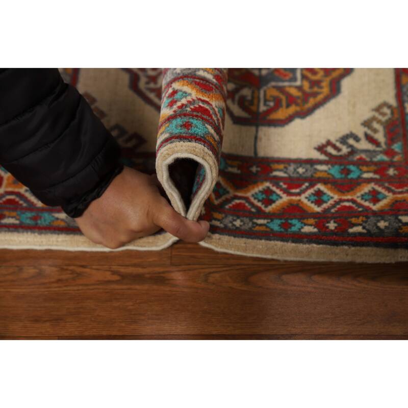 Geometric Kazak Foyer Rug Handmade Beige Traditional Wool Carpet - 2'0" x 3'0"