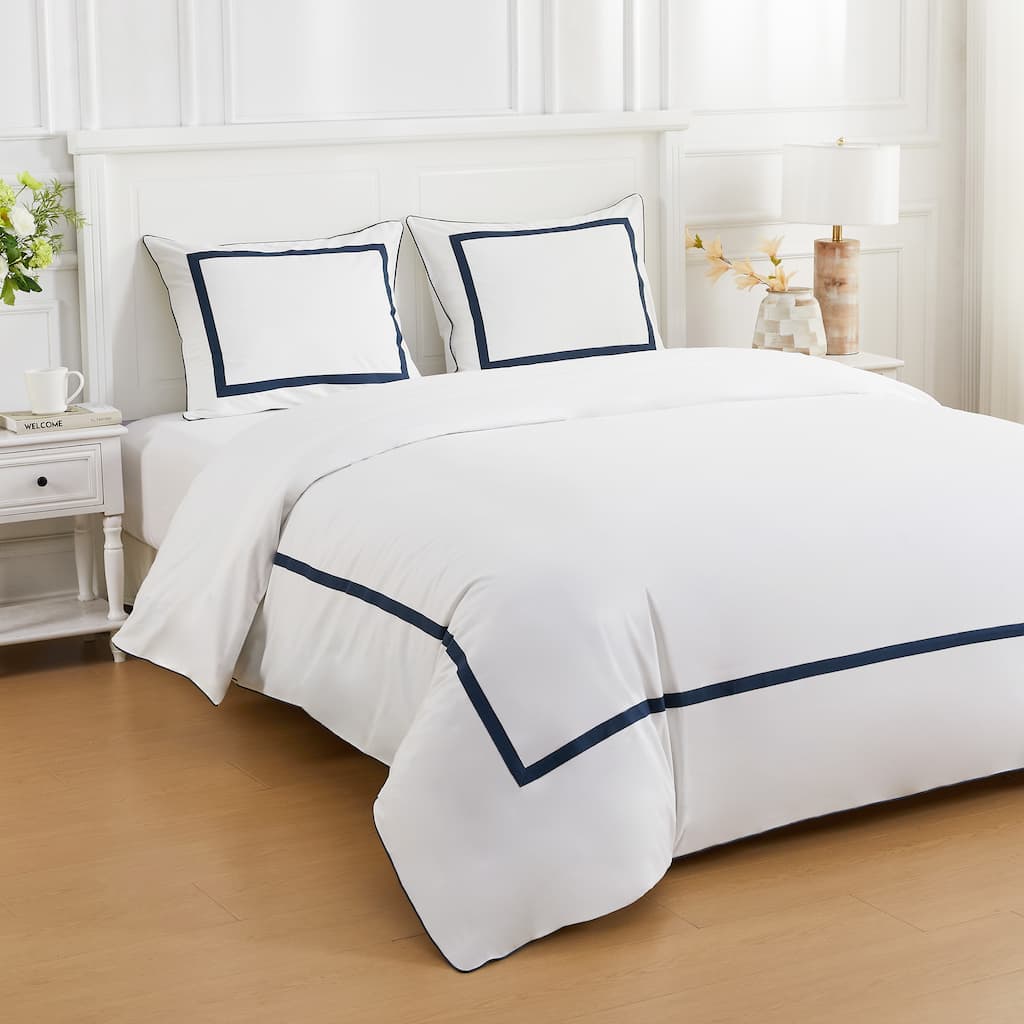 Embroidered Percale Crisp Cotton Hotel Piping Duvet Set and Sham
