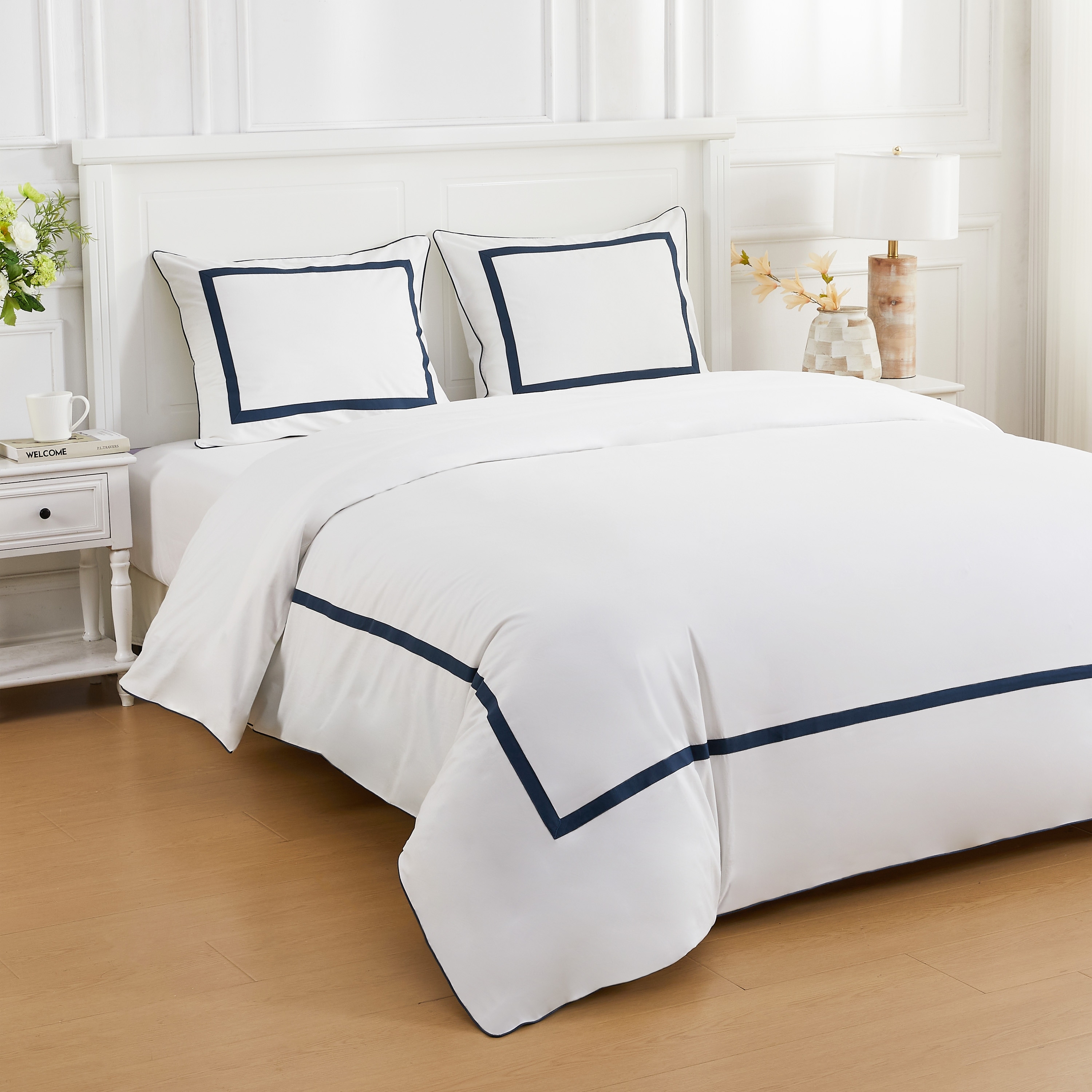 Cotton Percale Hotel Border Piping Duvet Cover Set and Sham