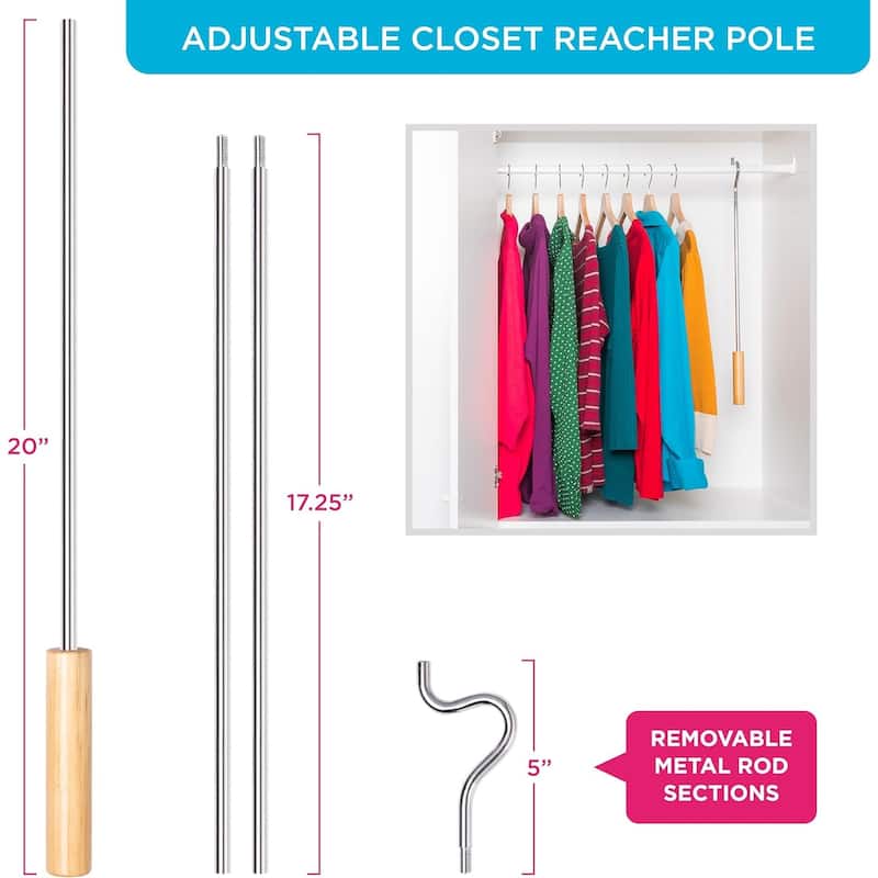 Hold N’ Storage Heavy Duty Closet Pole Reacher Hanger Extender with Hook - 2.75 to 5 ft