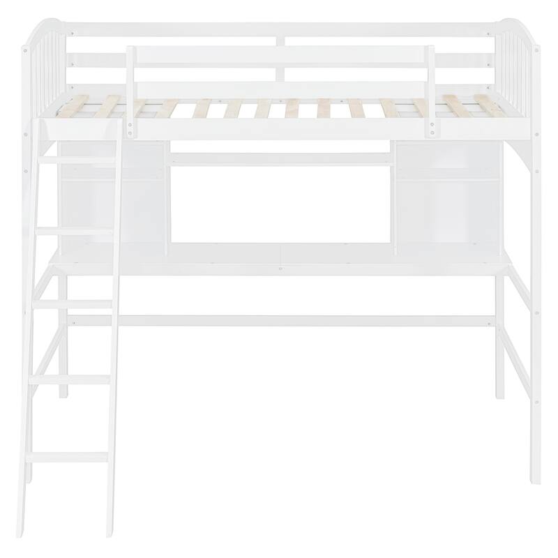 Twin size Loft Bed with Storage Shelves, Desk and Ladder, White
