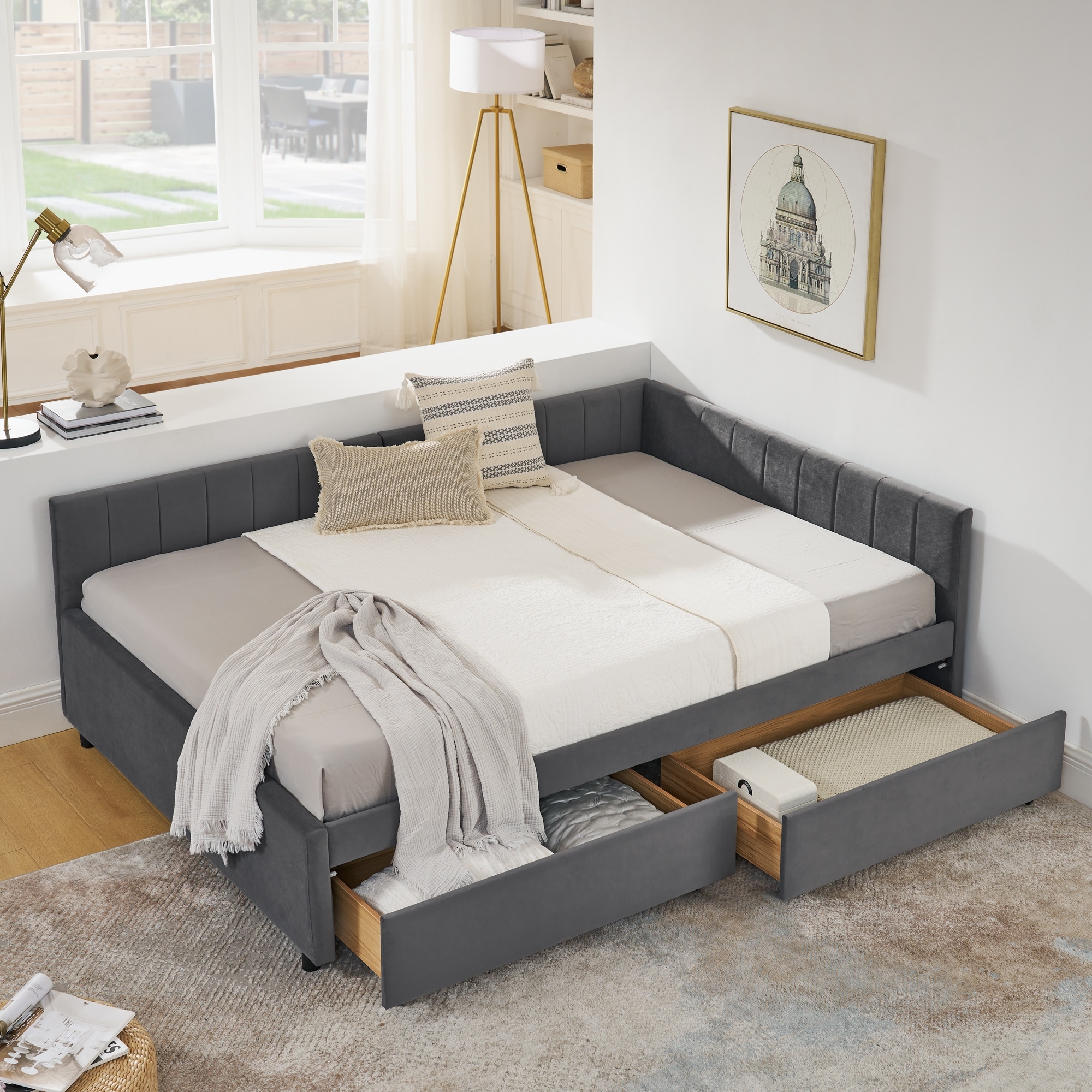 Full Size Upholstered Tufted Bed Frame with Two Drawers, Sofa Bed Frame with Comfortable Backrest and Armrests(79.5"x58"x25")
