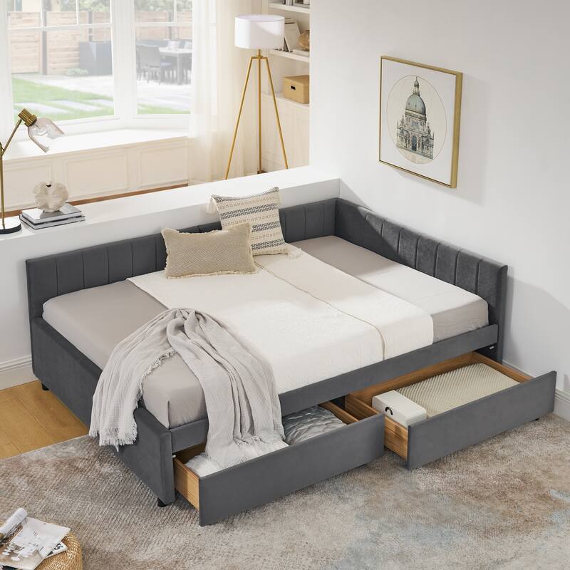 Full Size Upholstered Tufted Daybed with Storage Drawers, Velvet Grey, Comfortable Backrest and Armrests - Grey
