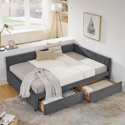 Full Size Velvet Upholstered Daybed with Storage Drawers, Tufted Sofa Bed Frame with Armrests and Backrest