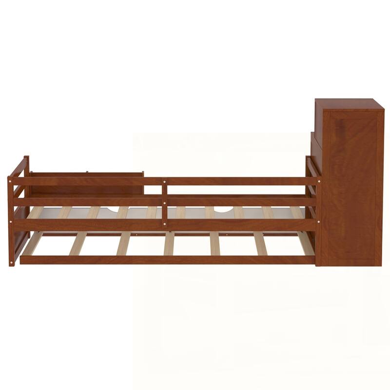 Wood Platform Bed with Sample Bookshelf and Movable Wardrobe
