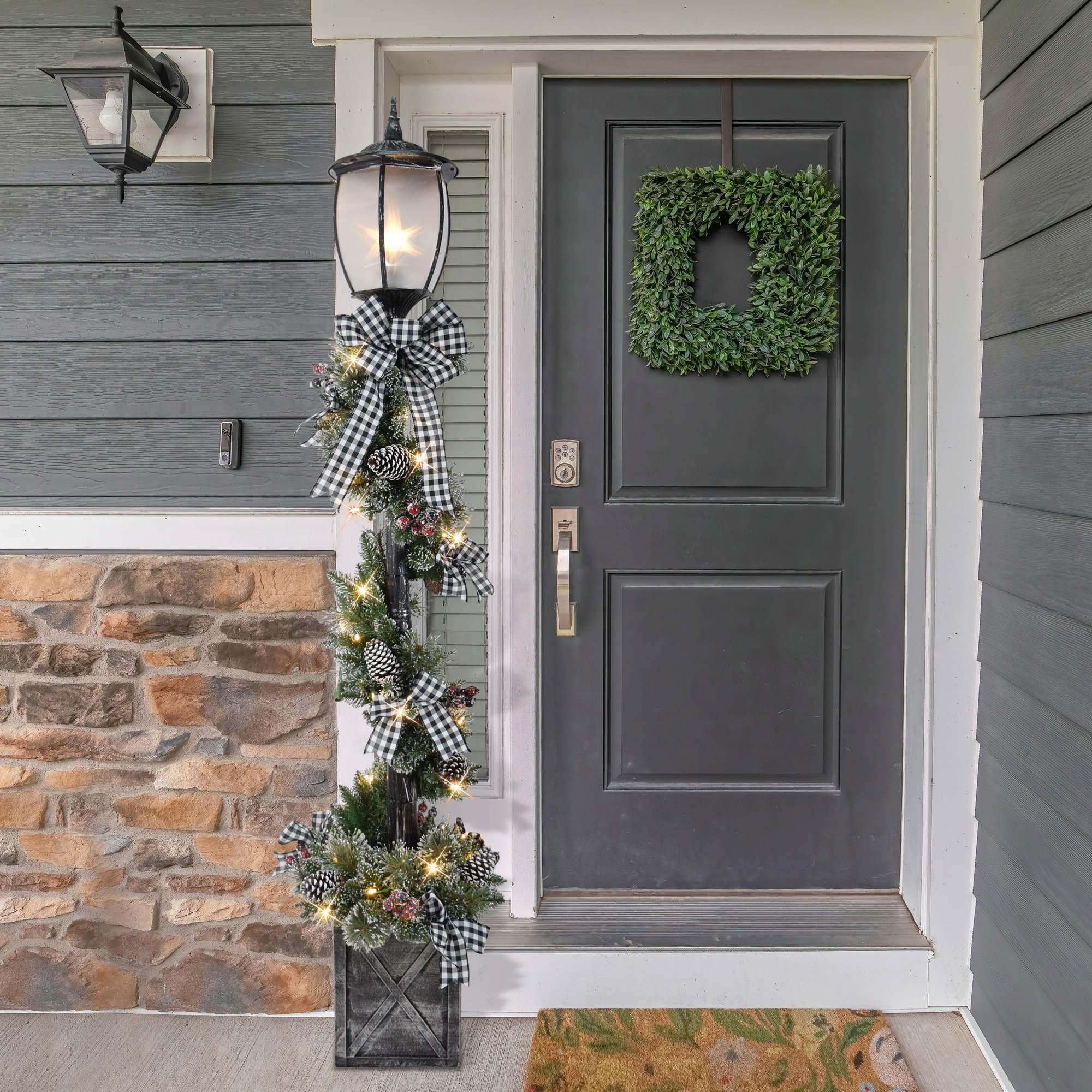 Pre-Lit Artificial Lamp Post with Plaid Bow - 7' - Warm White LED Lights