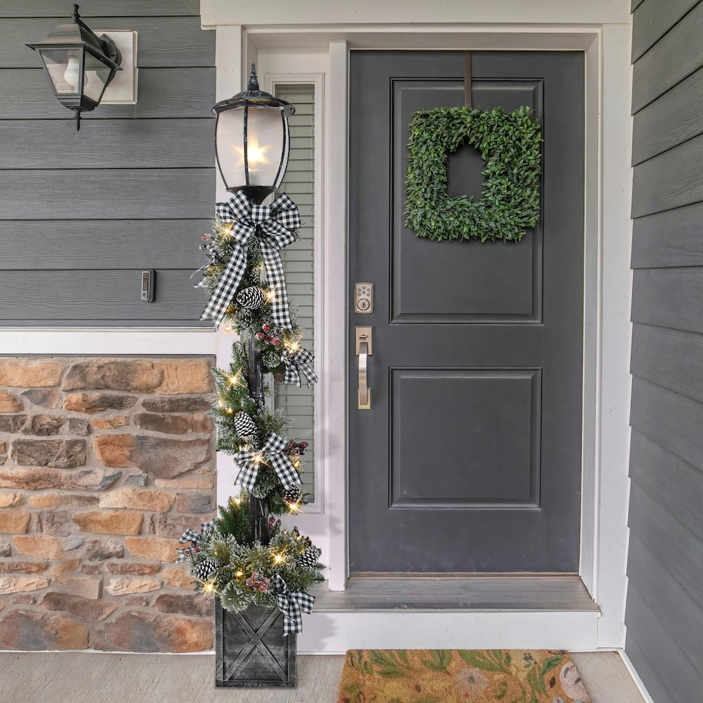 Pre-Lit Artificial Lamp Post with Plaid Bow - 7' - Warm White LED Lights