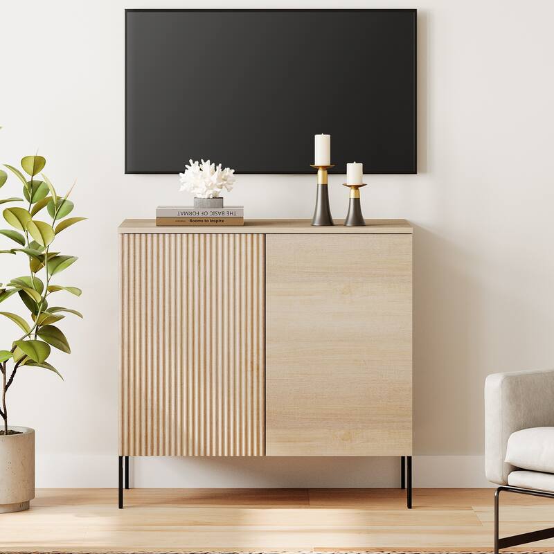 31.5" Modern Reeded TV Stand With Doors, Entertainment Center With Shelf, Wooden TV Console  - 1PC - Beige
