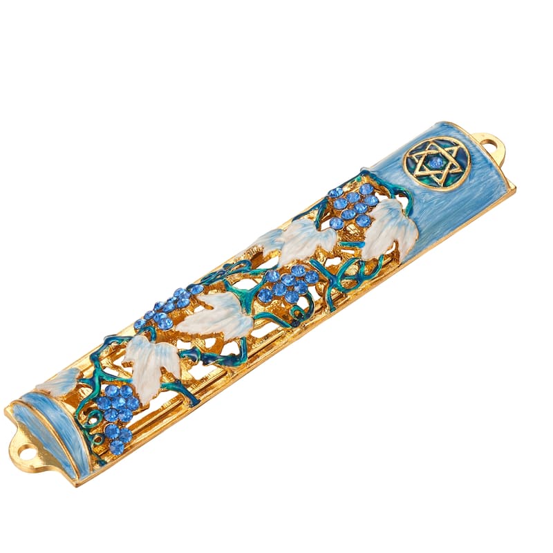 Matashi Hand Painted 6" Blue and Ivory Enamel Grape Mezuzah Embellished with Gold Accents and High Quality Crystals Home Decor