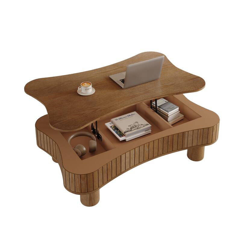 Lift Top Coffee Table for Living Room 42" Fluted Panel Hidden Storage, Silent Hydraulic Lift, Curved Safety Corners,Natural Wood