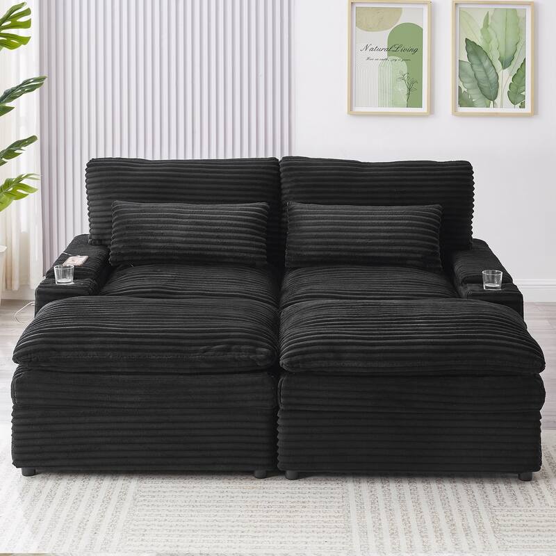 Loveseat Sofa Free-combined Sectional Convertible Sofa Bed with Storage Space, Two Movable Ottomans, Four USB Ports