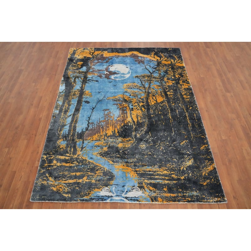 Hand Knotted Oriental Viscose Silk Carpet Modern Pictorial Navy Blue & Blues Abstract Area Rug - 7' 8'' X 5' 8''