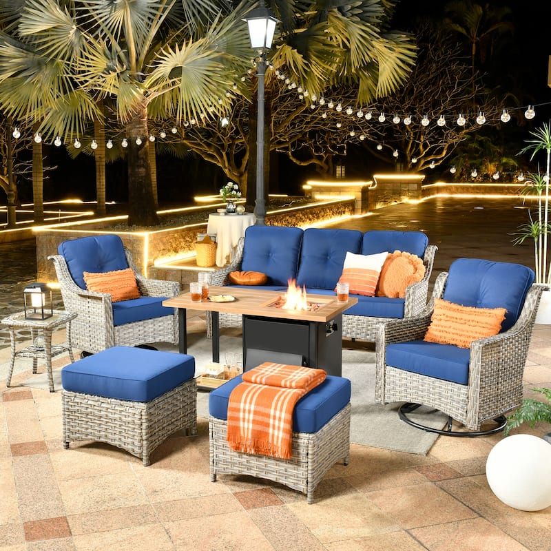 HOOOWOOO 7-piece Wicker High Back Patio Furniture Swivel Rocker Set with Fire Pit - Navy Blue
