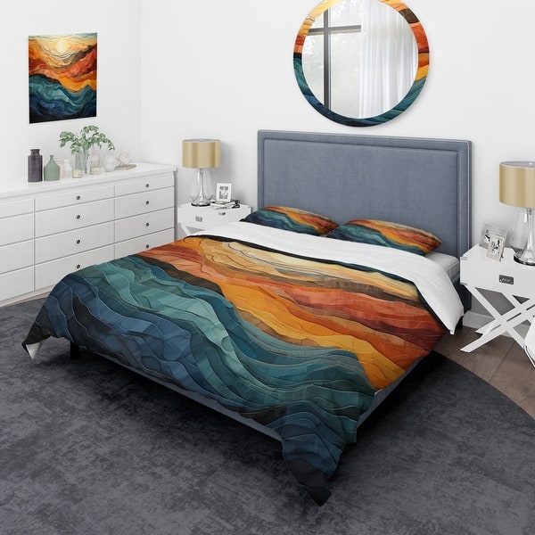 slide 2 of 7, Designart "Coral Teal Bold Mountains Landscape" Coral Traditional - Bedding Set With Shams