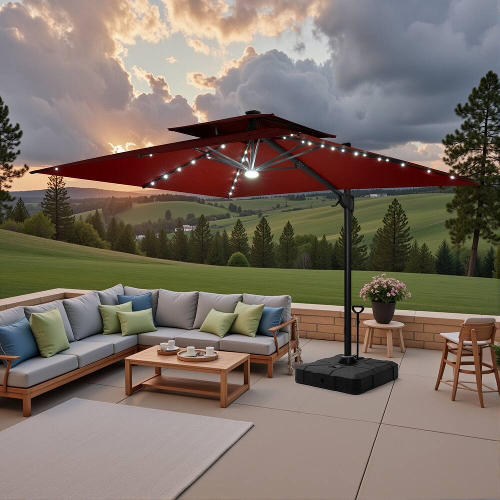 9 FT x 11 FT Outdoor LED Lighted Double Top Patio Cantilever Umbrella with Base