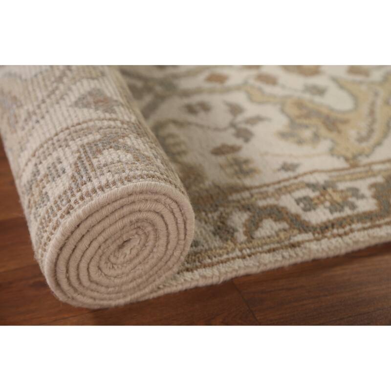 All-Over Ivory Oushak Oriental Runner Rug Hand-Knotted Wool Carpet - 2'6"x 11'9"