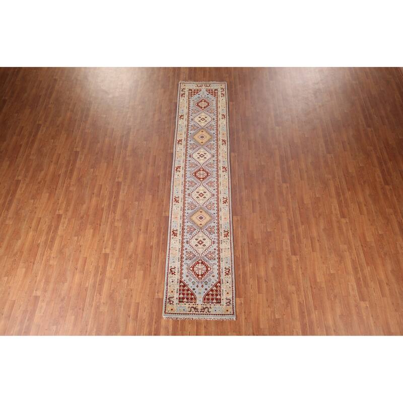 Light Blue Khotan Indian Runner Rug Handmade Wool Carpet - 2'7"x 11'11"