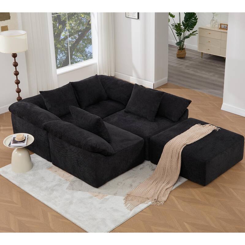 142" L-Shaped Modular Sectional Sofa w/ Throw Pillow, Convertible Sleeper Couch, 5-Seat Sectional Sofa Bed for Living Room - Black