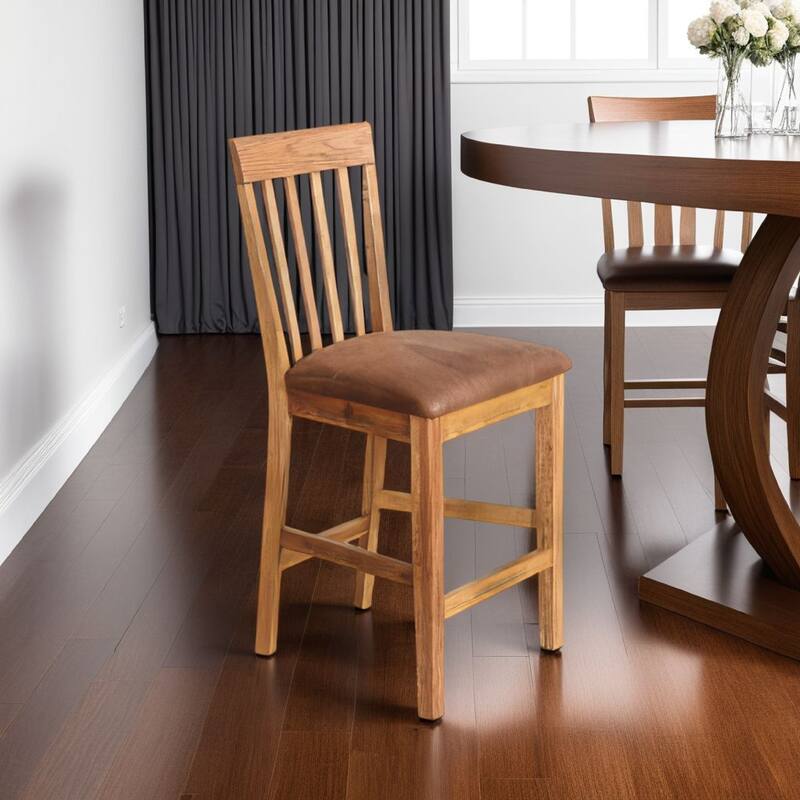 Marv Counter Height Chair Set of 2, Faux Leather, Light Brown, 24 Inch