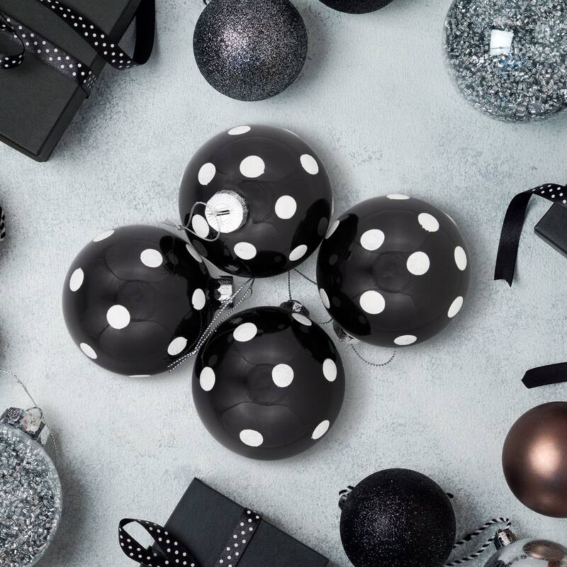 Set of 4 Black White Polka Dots Christmas Glass Ball Ornaments 3" 80mm