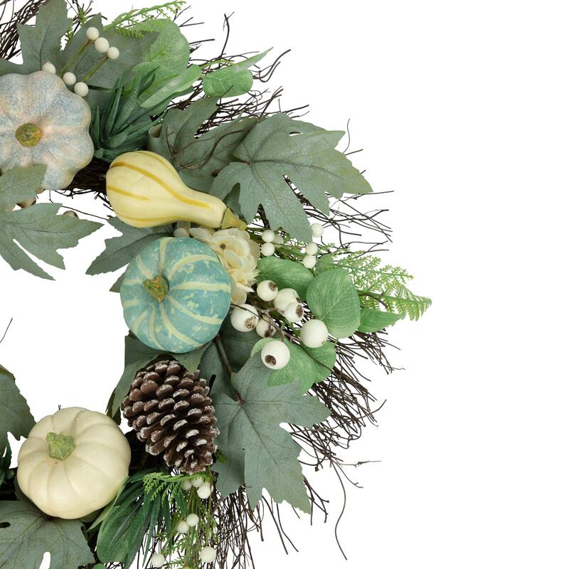 Green White Pumpkins Berries Artificial Fall Harvest Wreath 22" Unlit