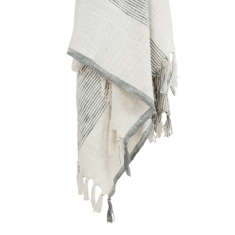 HomeRoots 50" X 60" Gray And Ivory Cotton Woven Striped Throw Blanket with Fringe