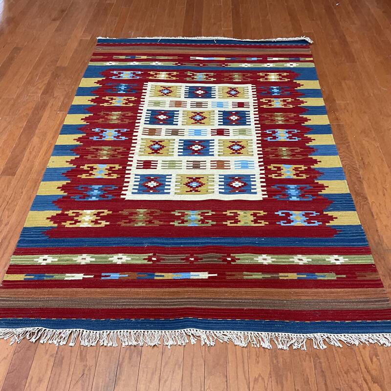 HERAT ORIENTAL Handmade Flat-weave Wool Kilim Collection - Yellow/Blue - 5' x 8'