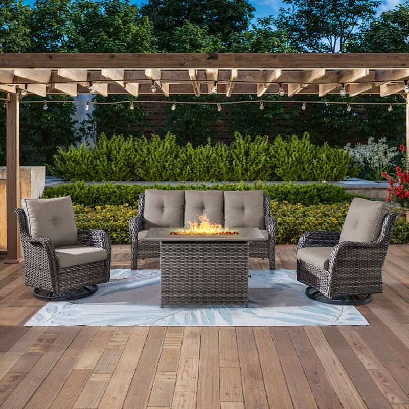 Gymojoy 4-Piece Outdoor Wicker Patio Furniture with Fire Pit Table, Rattan Coversation Set with Water Resistant Thick Cushions - Grey Wicker / Grey Cusion - 4-Piece