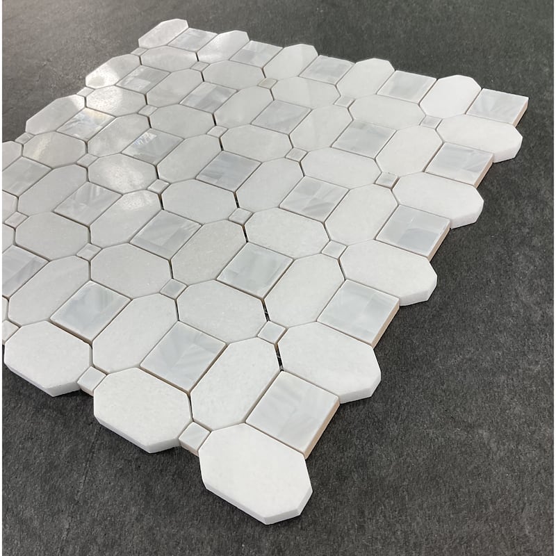 Thassos White Marble Octagon Mosaic Tile With Mother Of Pearl Inlay - Case (10 Sheets)