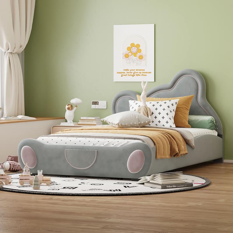 Velvet Platform Bed with Bear Shaped Headboard