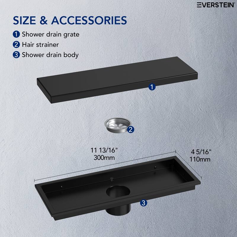 12-inch Linear Shower Drain With Solid Cover in Stainless Steel