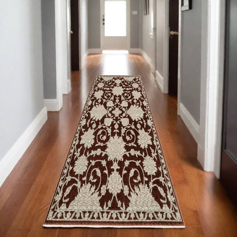 HomeRootsFloral Traditional Rectangle Area Rug - 92.52' X '26.77' X '0.32 - Beige/Red