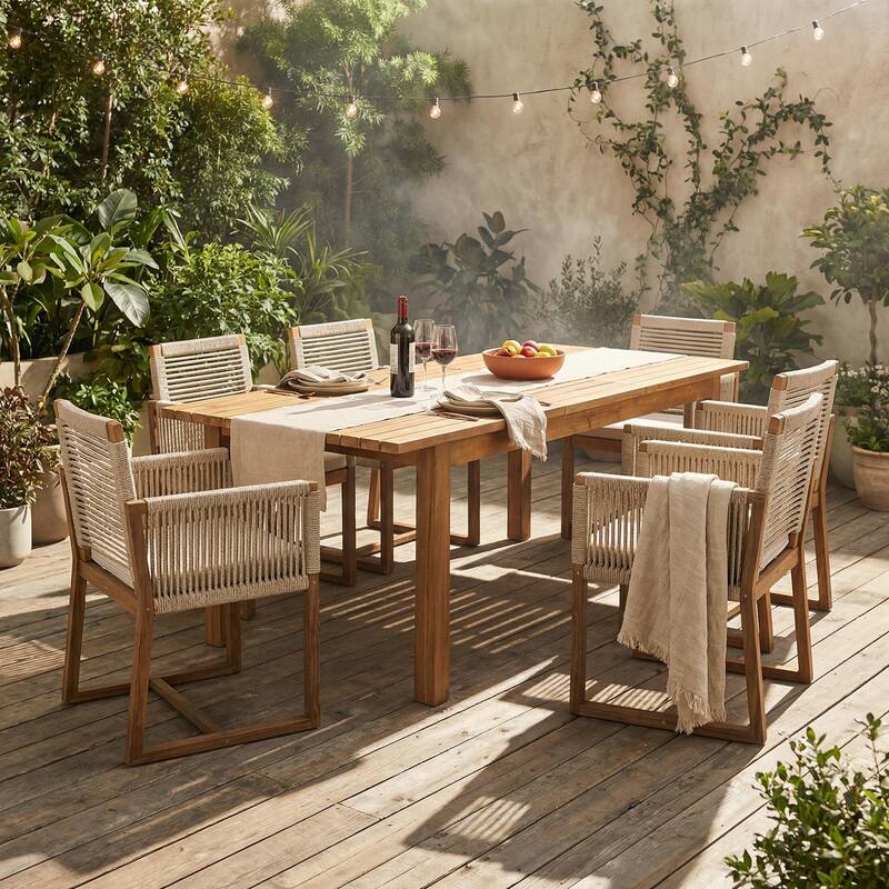 Christopher Knight Home - 7-Piece Acacia Outdoor Dining Table Set with Modern Handwoven Rope Chairs & Expandable Table - Light Brown Rope+Beige Cushion+Teak Finish