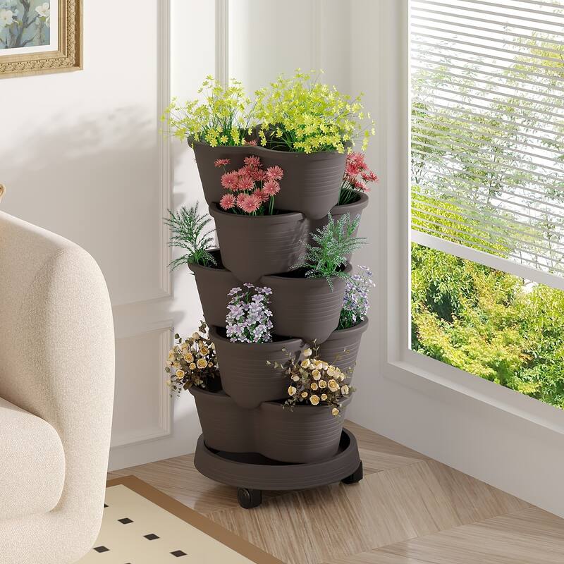 Vertical Strawberry Planter 5 Tier Hanging Vertical Gardening Planter Stackable Garden Tower Pot for Strawberries Flowers - Dark Grey