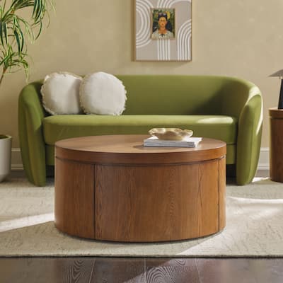 Walker Edison Modern Solid Oak Wood Veneer Round Coffee Table