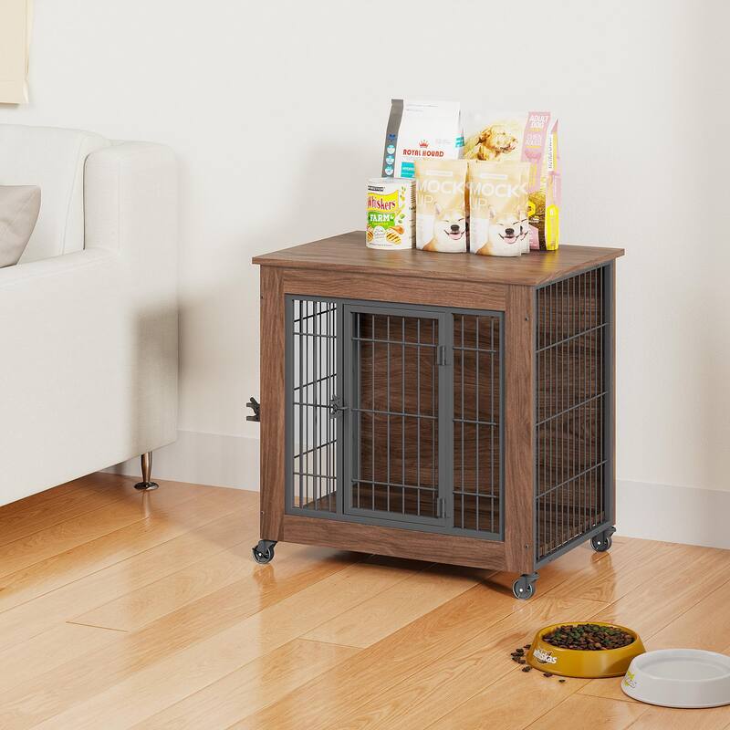 27.2" Dog Crate Furniture with Wheels for Small Dogs, Heavy Duty Dog Kennel Indoor with 2 Doors, Double-Doors Sturdy Dog Cage