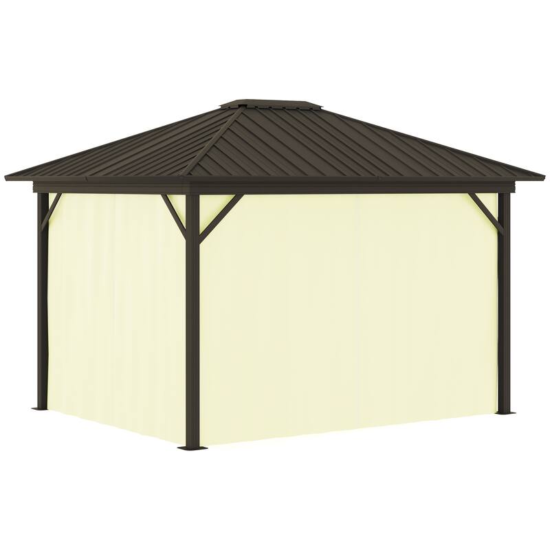 Outsunny 10' x 12' Outdoor Hardtop Gazebo Metal Roof Patio Gazebo with Aluminum Frame, Mesh Netting, Curtains, Brown